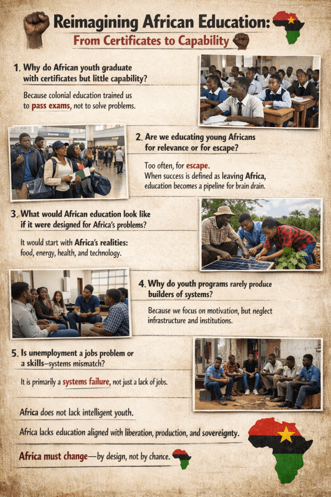 Pan-African education poster showing African youth in classrooms, communities, and hands-on learning, highlighting the shift from certificates to real skills and systems-building